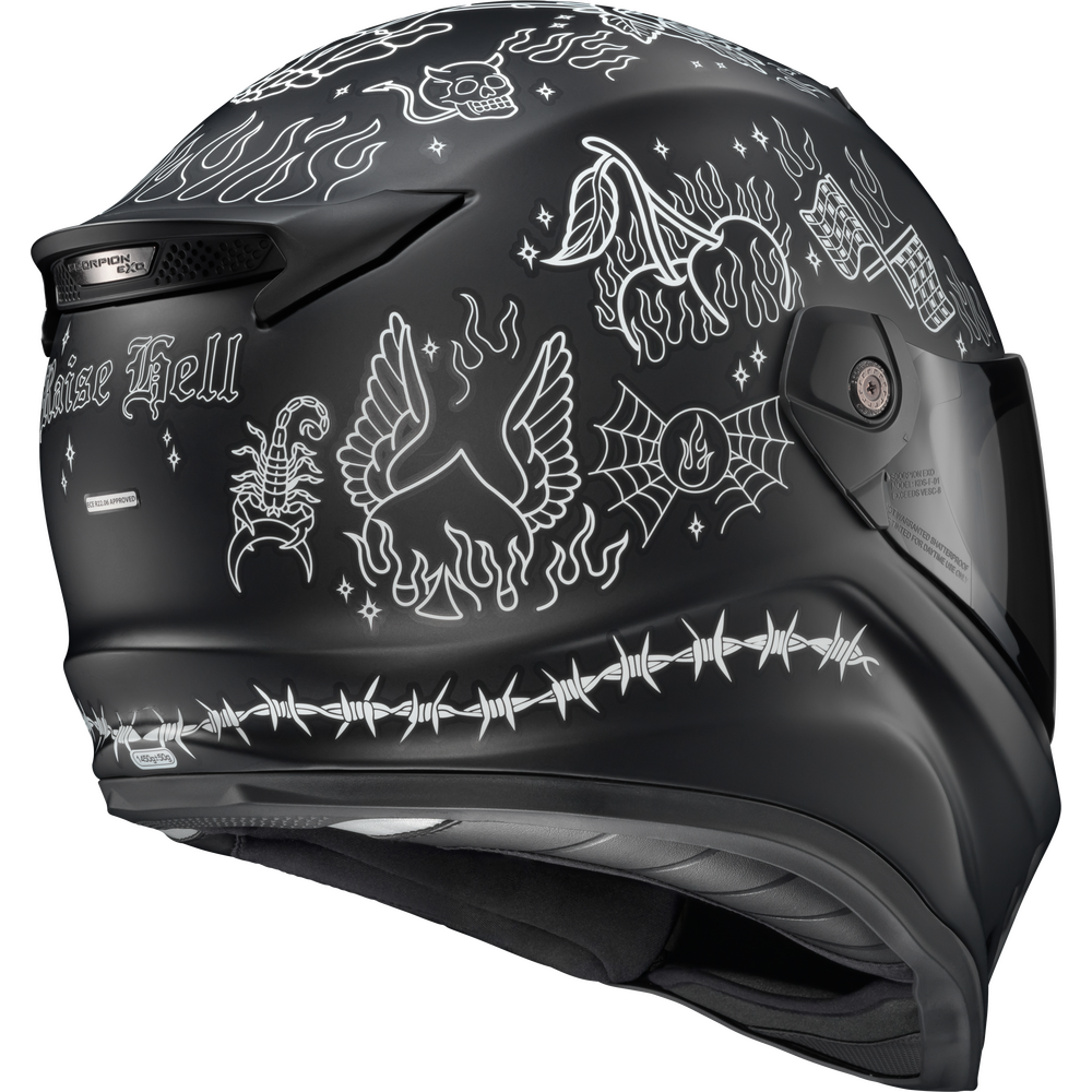 A matte black full-face motorcycle helmet with white gothic and occult-style illustrations, including a dragon, scorpion, spiderwebs, flames, and the words 'Dark Bell' and 'Rise Hell'.