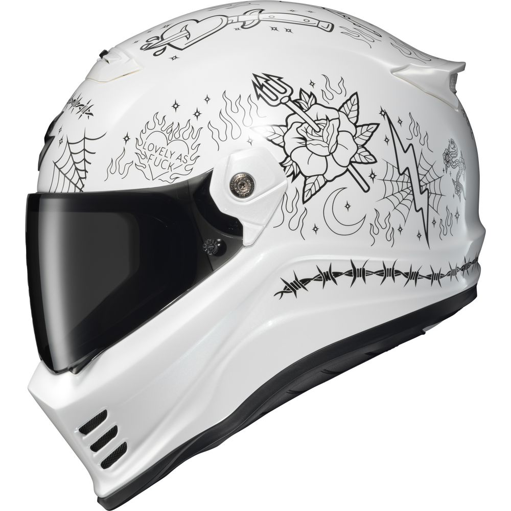 A white full-face motorcycle helmet decorated with black line-art illustrations, including a rose, spiderwebs, lightning bolts, flames, and the words 'SLOWLY DUCK'. The helmet features a dark tinted visor and is shown against a plain white background.