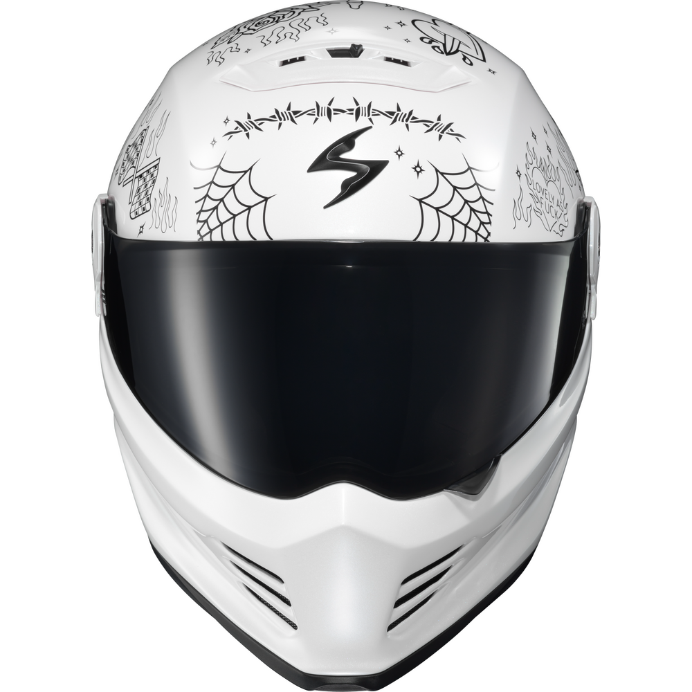A white full-face motorcycle helmet with a black visor, decorated with black spiderwebs, skulls, and a central lightning bolt logo, shown against a plain white background.