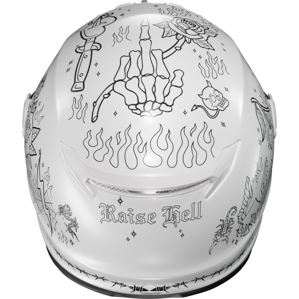 A white full-face motorcycle helmet decorated with black line-art illustrations, including a skeletal hand holding a rose, flames, skulls, and the gothic-style text 'Raise Hell' on the front.
