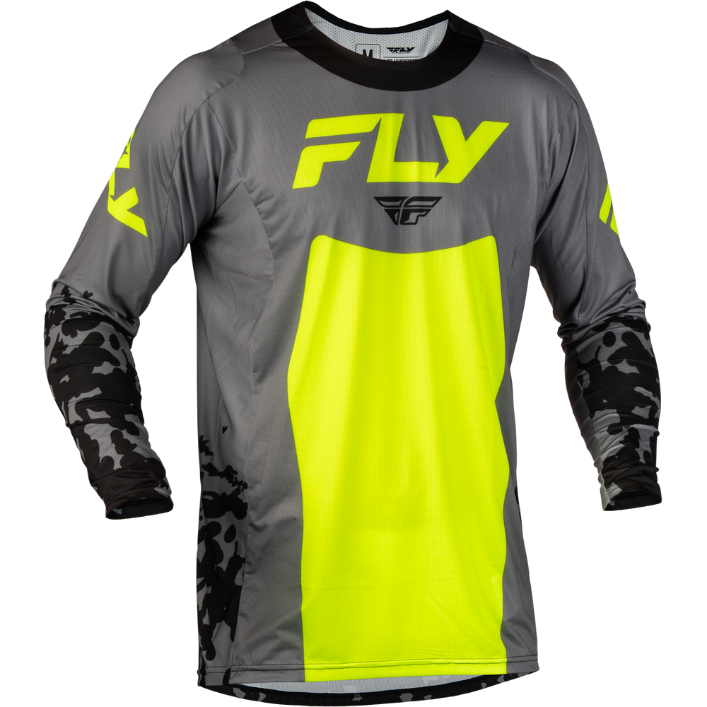 A long-sleeve athletic jersey in gray and neon yellow-green, featuring a large 'FLY' logo on the chest, a black collar, and black camouflage patterns on the sleeves and lower body, shown against a plain white background.