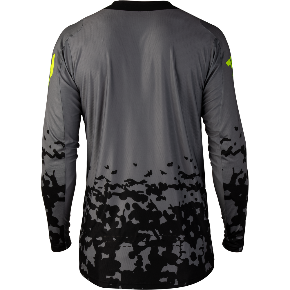 A long-sleeve athletic jersey shown from the back, featuring a dark gray to black camouflage gradient pattern concentrated at the bottom hem and sleeves, with a solid black collar and small neon yellow accents on the shoulders.
