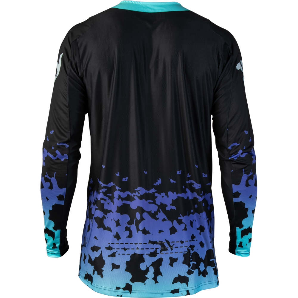 A long-sleeve athletic jersey shown from the back, featuring a black upper body that fades into a blue and black camouflage pattern near the hem and cuffs, with a light blue collar.