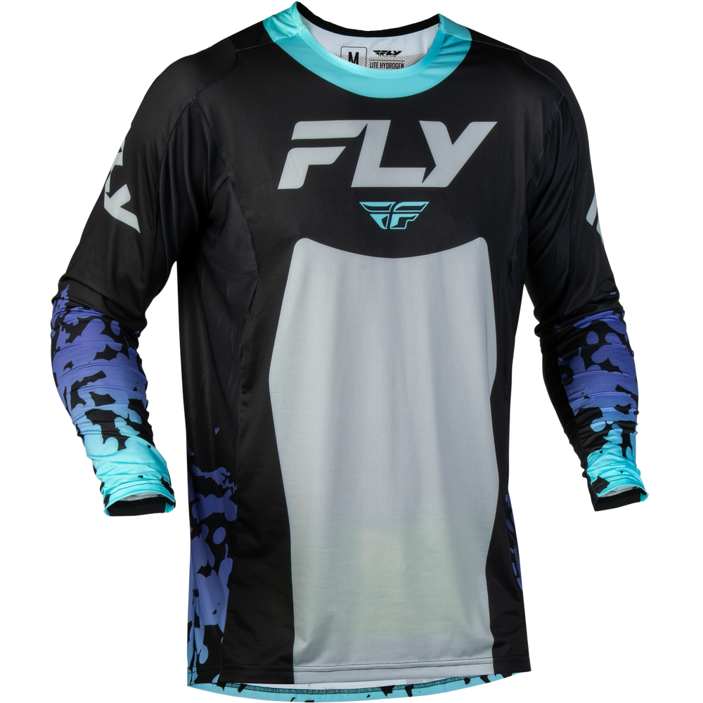 A long-sleeve athletic jersey with a black, light gray, and blue color-blocked design, featuring a blue and black camouflage pattern on the sleeves and side panels, and a large 'FLY' logo on the chest.