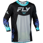 A long-sleeve athletic jersey with a black, light gray, and blue color-blocked design, featuring a blue and black camouflage pattern on the sleeves and side panels, and a large 'FLY' logo on the chest.