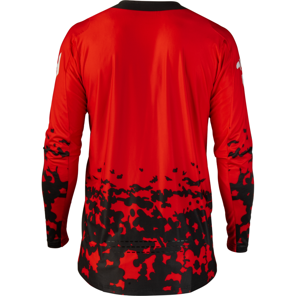 A long-sleeve athletic jersey shown from the back, featuring a vibrant red base with a black camouflage pattern concentrated at the lower back and sleeves, set against a plain white background.