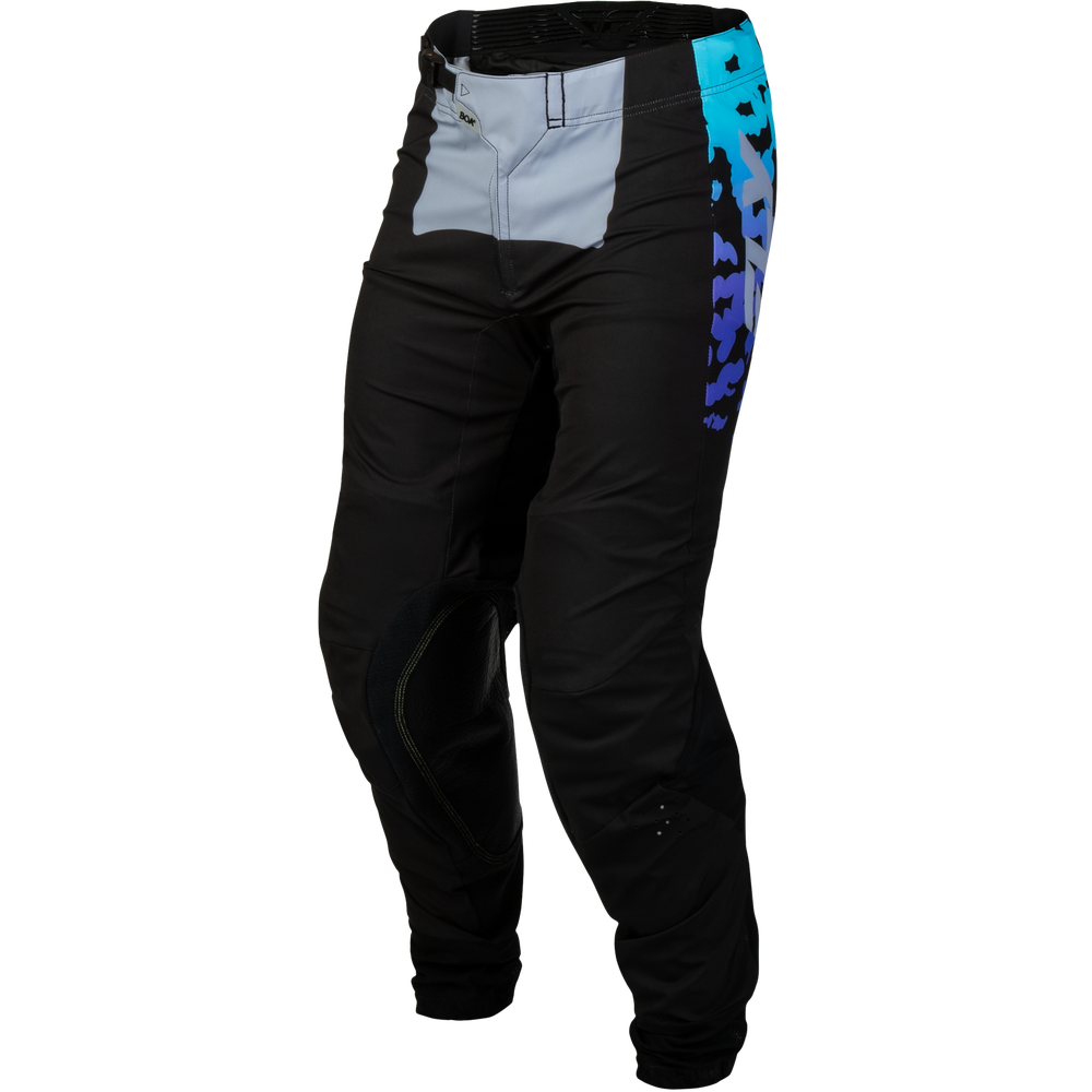 Black motocross pants with a light gray front panel, black and blue camouflage pattern on the side, and zippered pockets, shown on a white background.