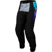 Black motocross pants with a light gray front panel, black and blue camouflage pattern on the side, and zippered pockets, shown on a white background.