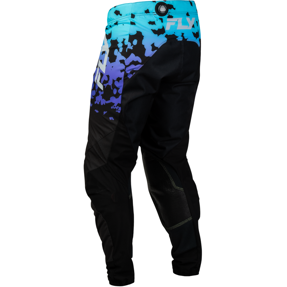 Black motocross pants with a blue and purple camouflage pattern on the upper thigh and hip area, featuring a white FLX logo on the side, shown against a plain white background.