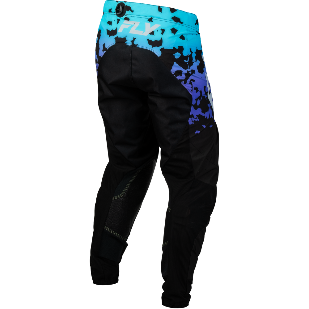 Black motocross pants with a vibrant cyan, purple, and black camouflage pattern on the upper thighs and waistband, featuring the white 'FLY' brand logo on the back waist.