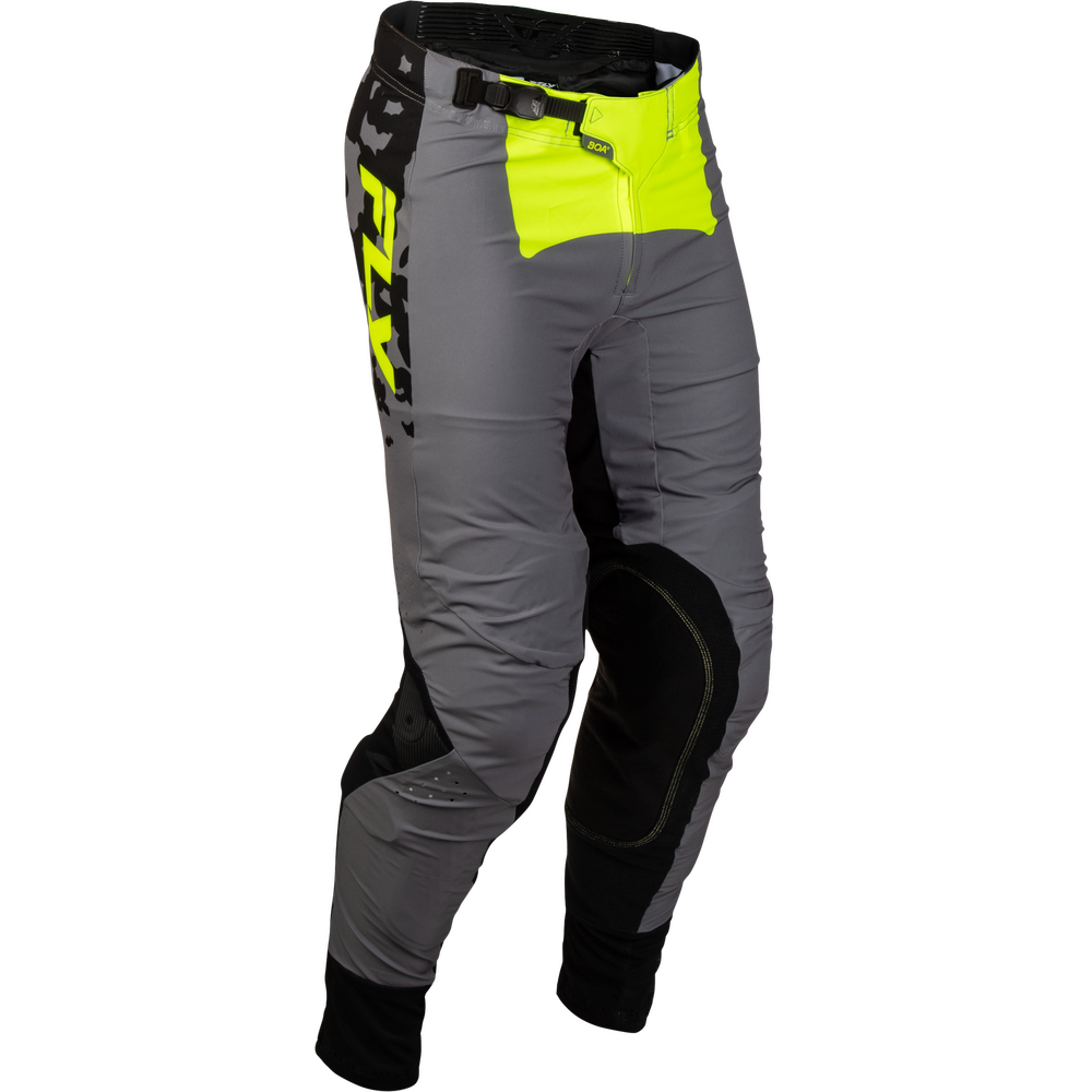 Gray motocross pants with black knee and cuff panels, a black waistband, and a bright neon yellow pouch pocket on the right side.