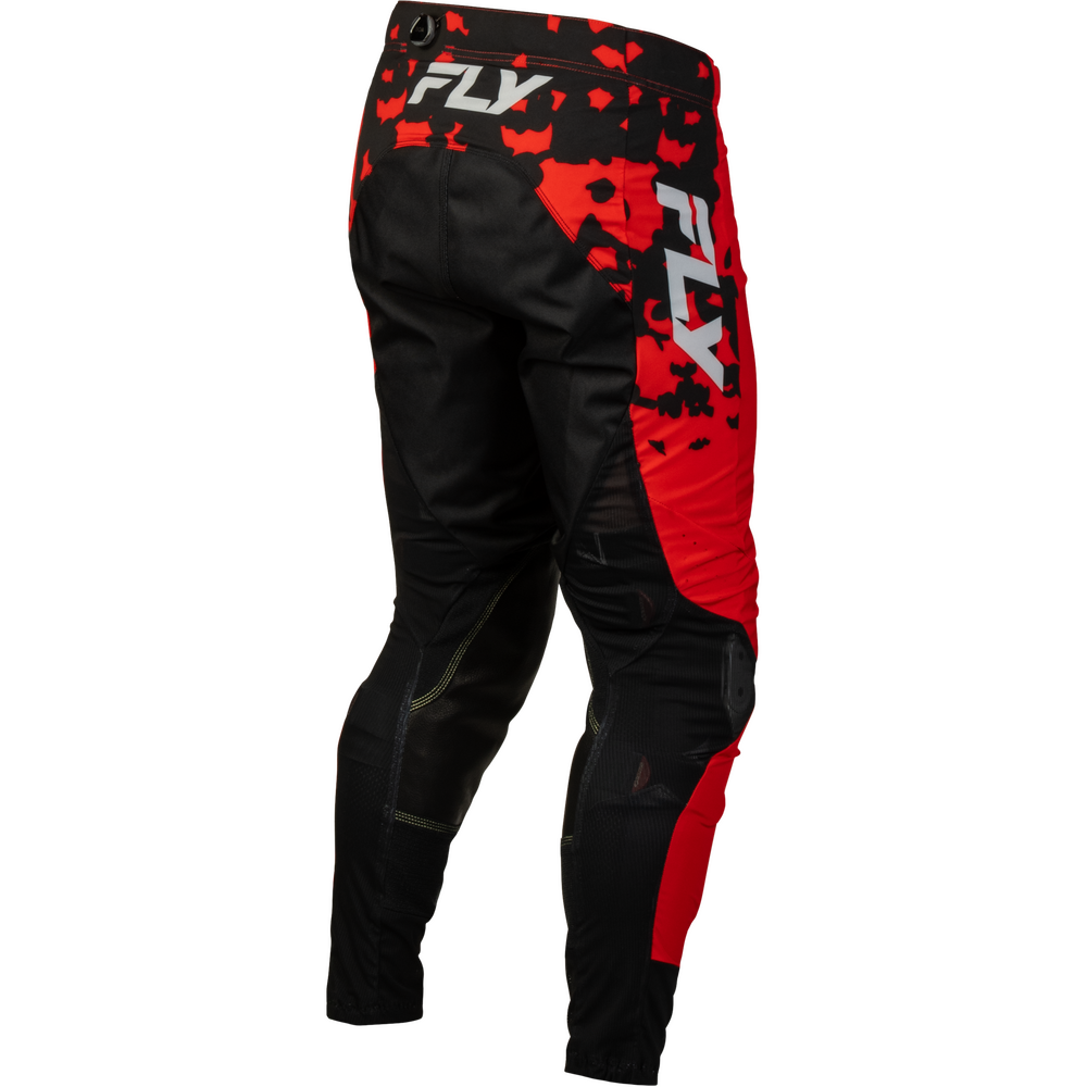 Black and red motocross pants with a large white FLY logo on the back and side, shown on a white background.