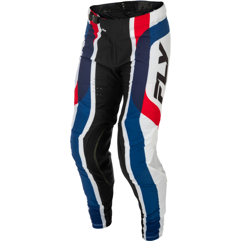 A pair of Fly motocross pants in a color-blocked design of white, blue, red, and black, featuring the brand logo on the side, shown against a plain white background.