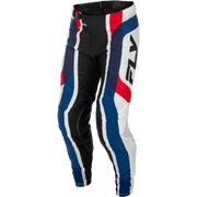 A pair of Fly motocross pants in a color-blocked design of white, blue, red, and black, featuring the brand logo on the side, shown against a plain white background.