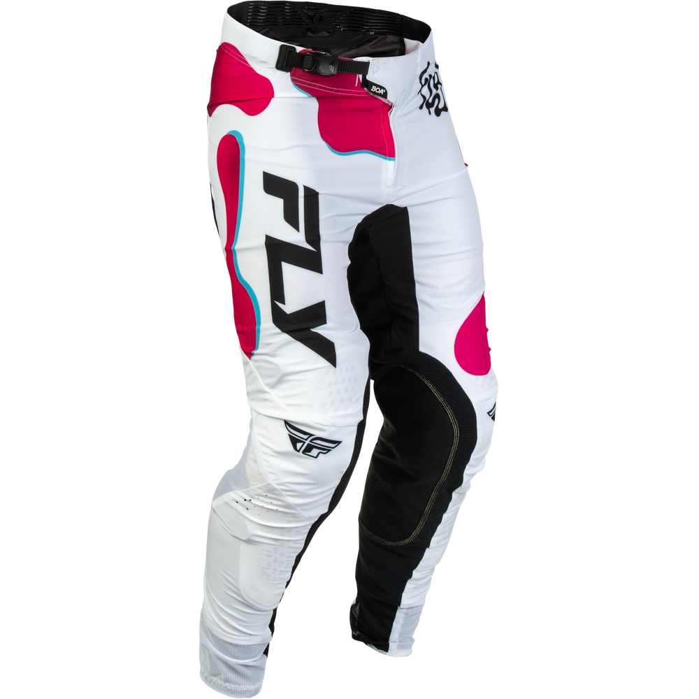White motocross pants with black and pink Fly Racing graphics and protective knee pads, shown on a white background.