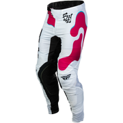 White motocross pants with black knee panels and large hot pink abstract graphics, featuring a black Fly Racing logo near the lower leg.