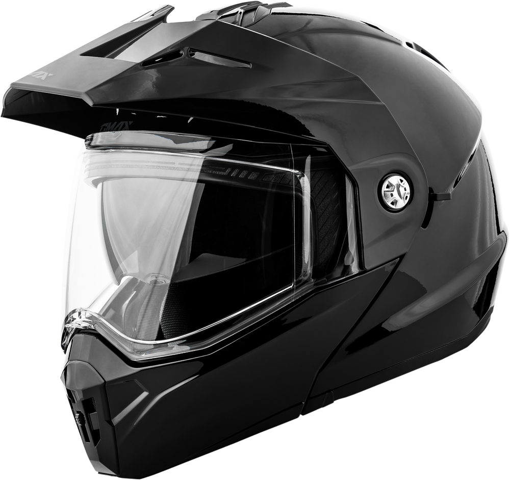 Black motorcycle helmet with clear visor on a white background