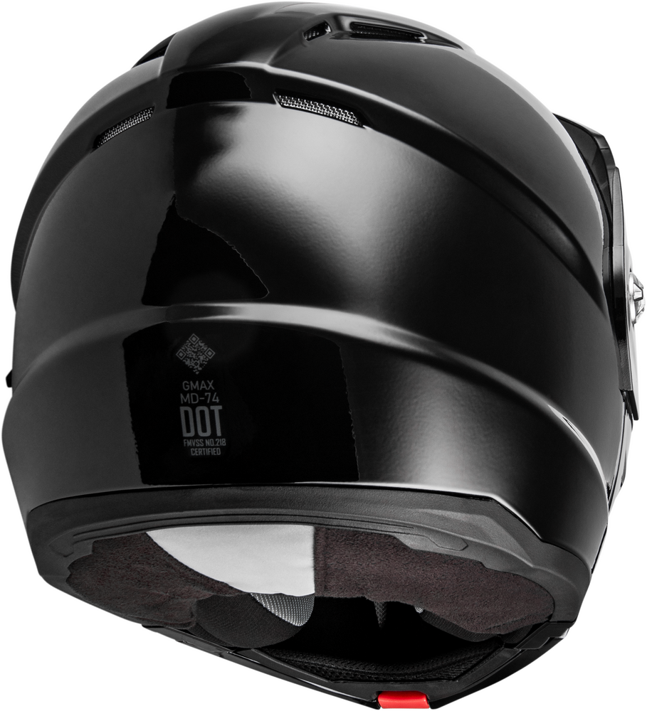 Black motorcycle helmet with visible branding on a white background