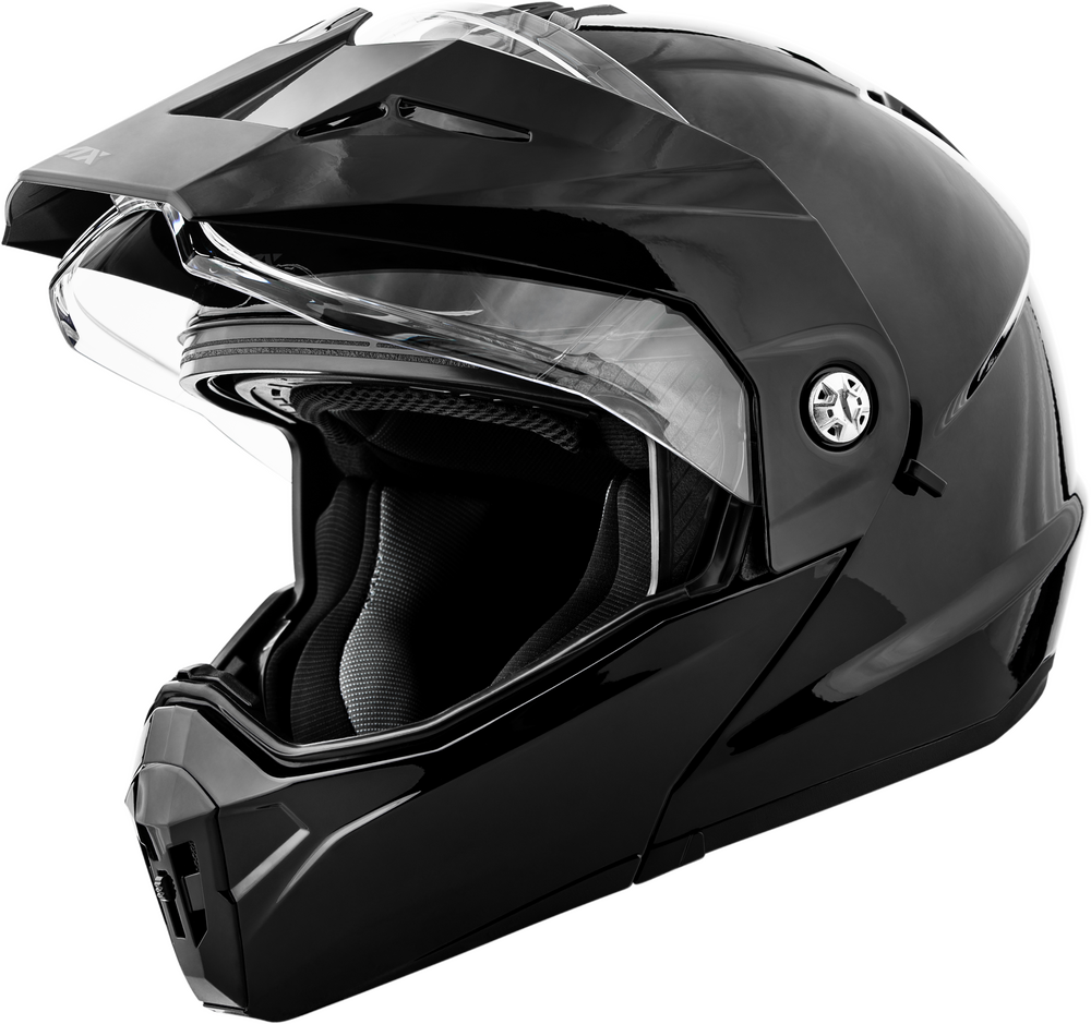 Black motorcycle helmet with clear visor on a white background