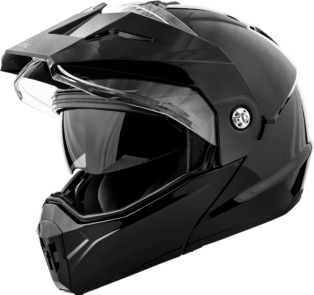 Black motorcycle helmet with clear visor on a white background