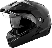 Black motorcycle helmet with clear visor on a white background