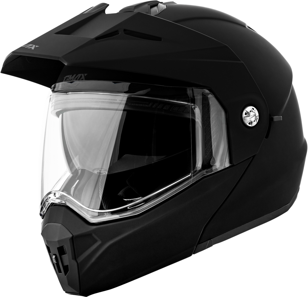 Black motorcycle helmet with clear visor on a white background