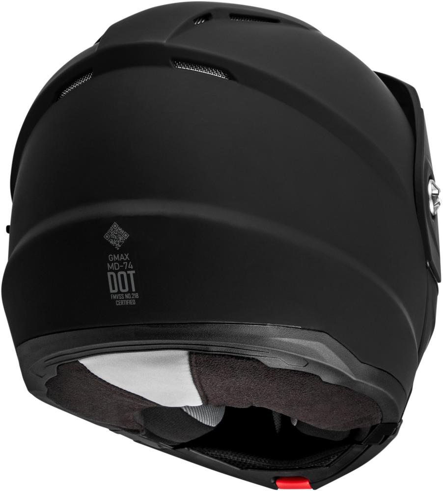 Black motorcycle helmet with visible branding on a white background