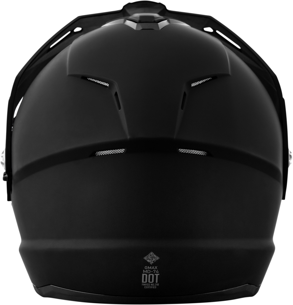 Black motorcycle helmet with visible branding on a white background