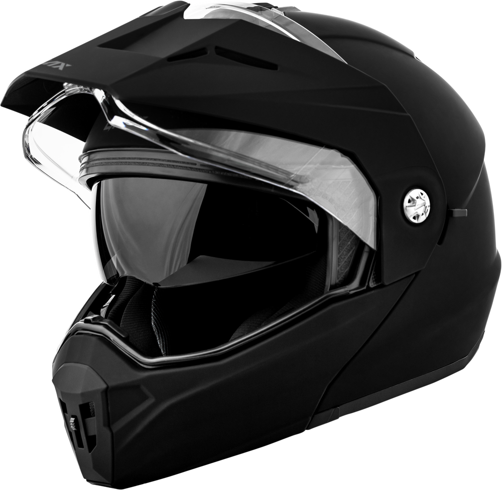 Black motorcycle helmet with clear visor on a white background