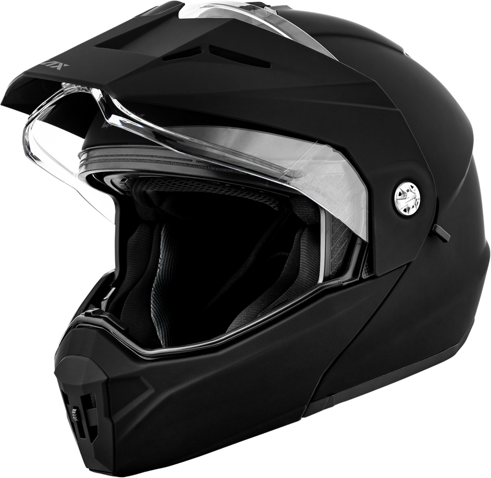 Black off-road helmet with clear visor on a white background