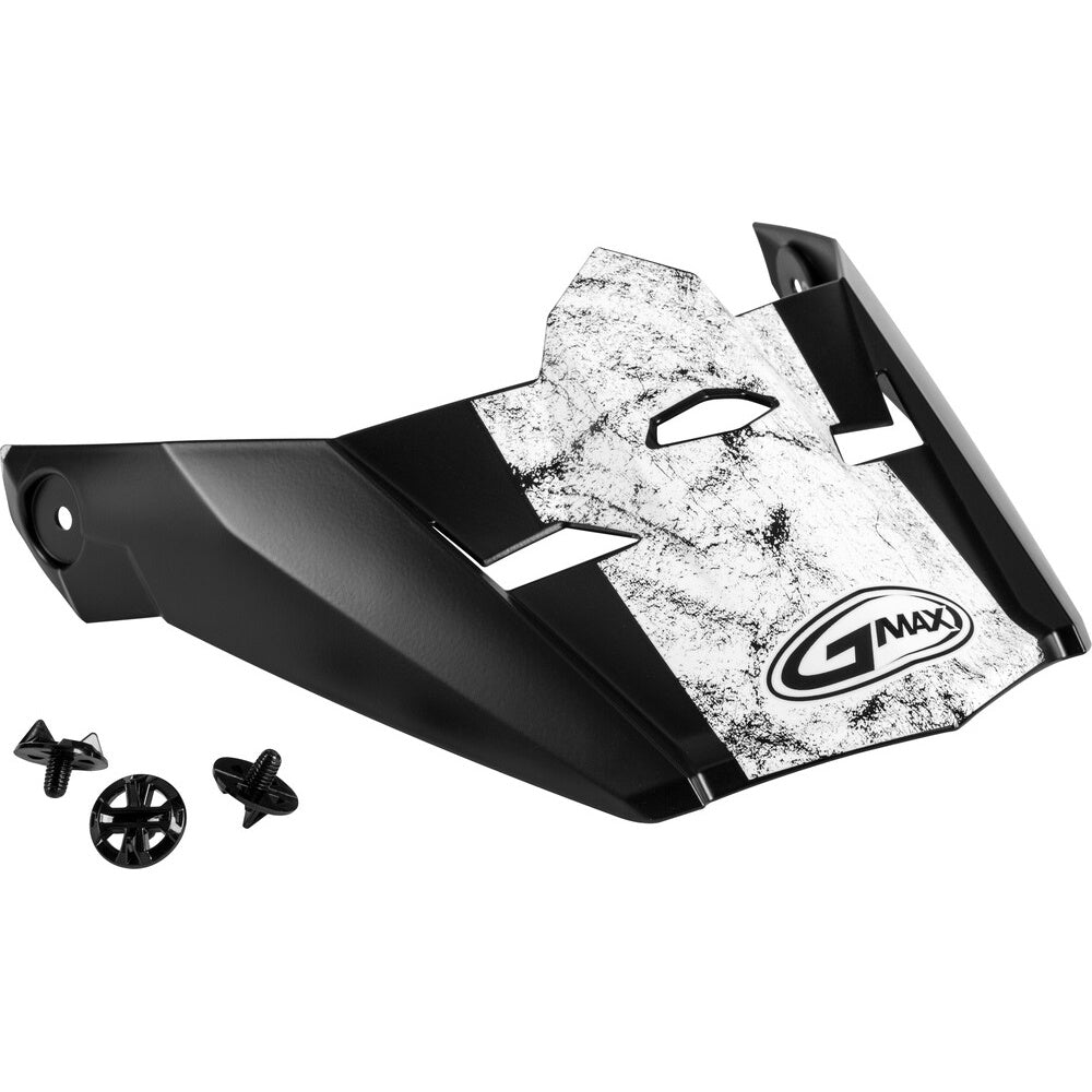 Black and white motorcycle peak visor with GMAX logo on a white background