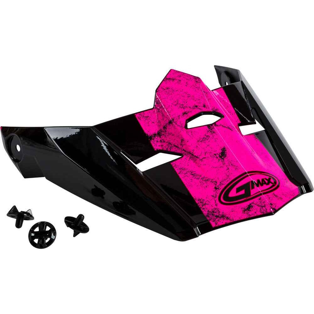 Pink and black motorcycle peak visor with GMAX logo on a white background