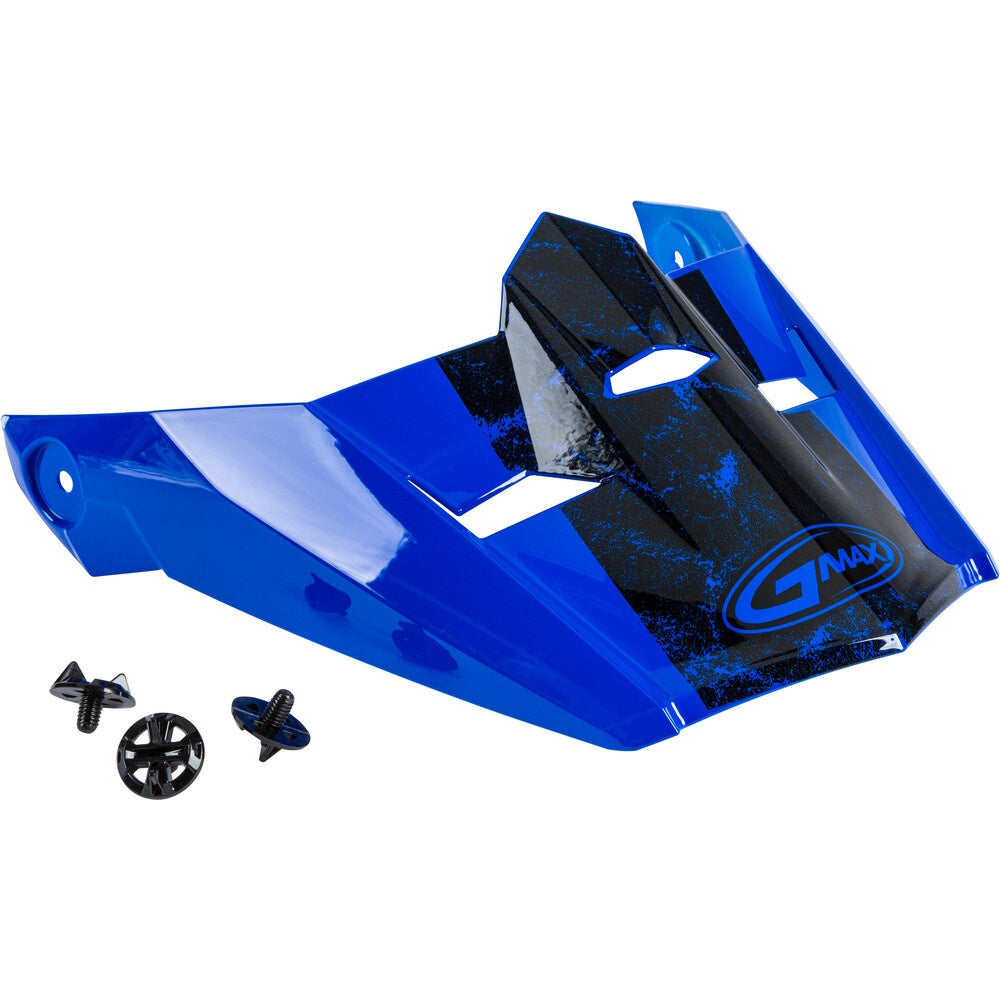 Blue and black motorcycle peak visor with GMAX logo on a white background