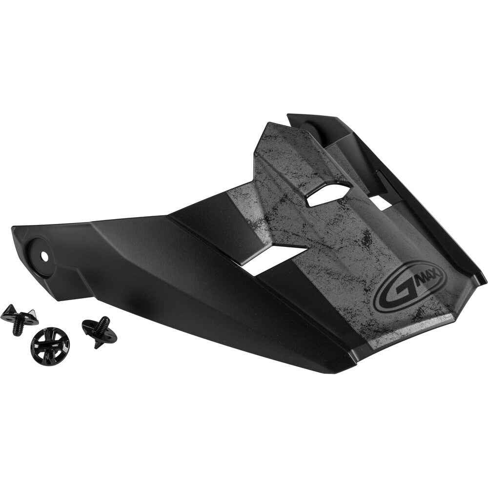 Black motorcycle peak visor with GMAX logo on a white background