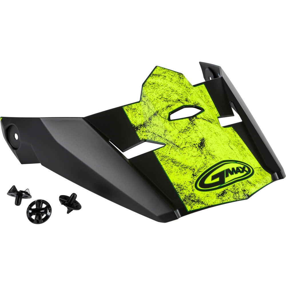 Black and yellow motorcycle peak visor with GMAX logo on a white background