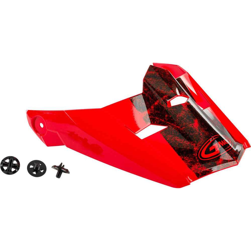 Red motorcycle peak visor with GMAX logo on a white background