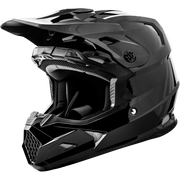 A glossy black full-face motocross or mountain bike helmet with a high visor, shown from a three-quarters angle on a plain white background.