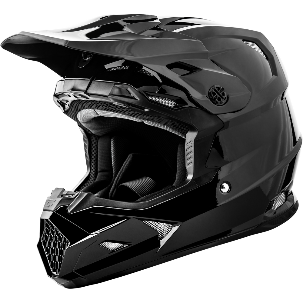 A glossy black full-face motocross or mountain bike helmet with a high visor, shown from a three-quarters angle on a plain white background.