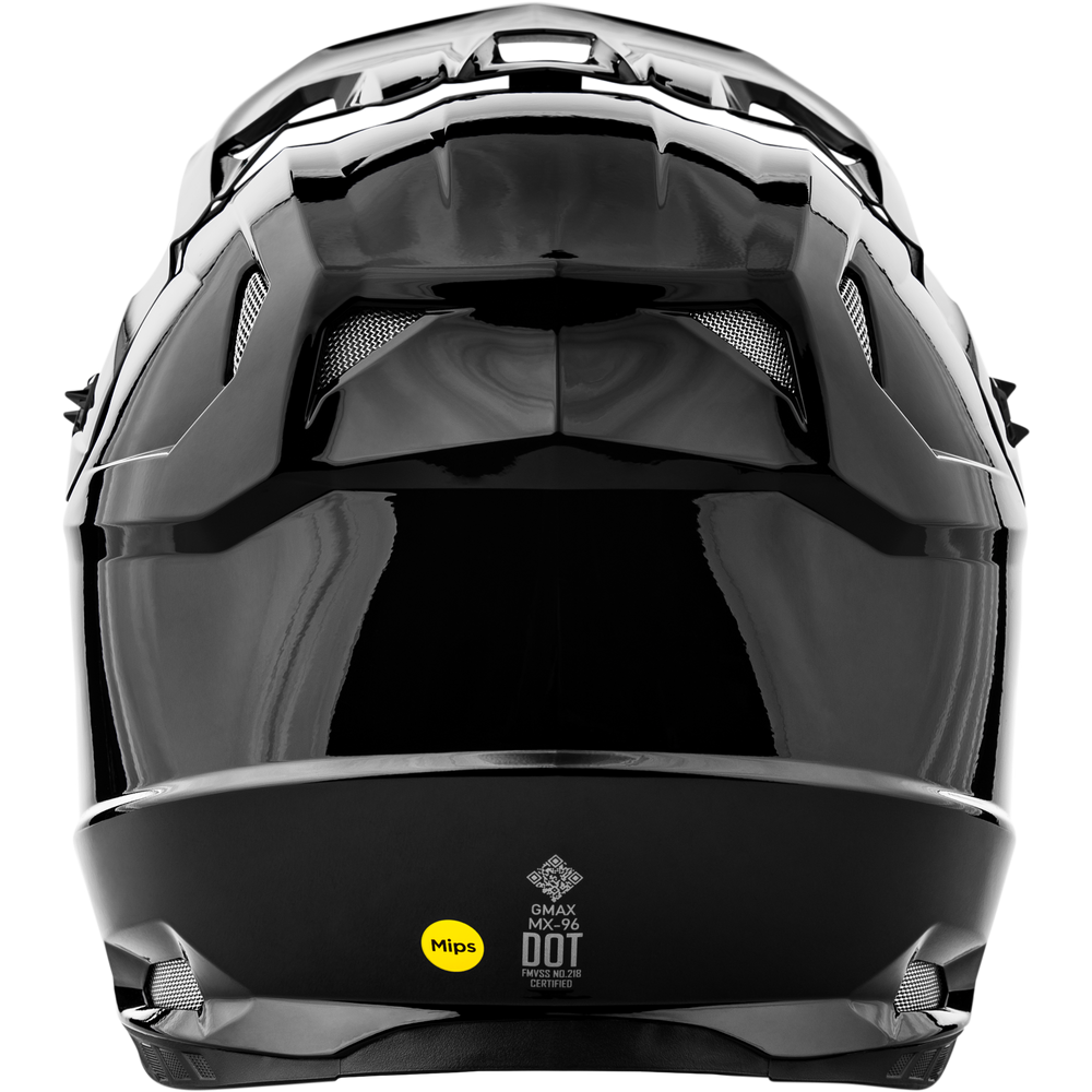 A glossy black full-face motocross helmet shown from the front against a white background, featuring a large visor and a small yellow MIPS and DOT certification sticker on the lower front.