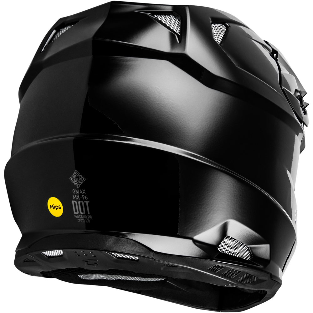 Black motorcycle helmet with visible branding on a white background
