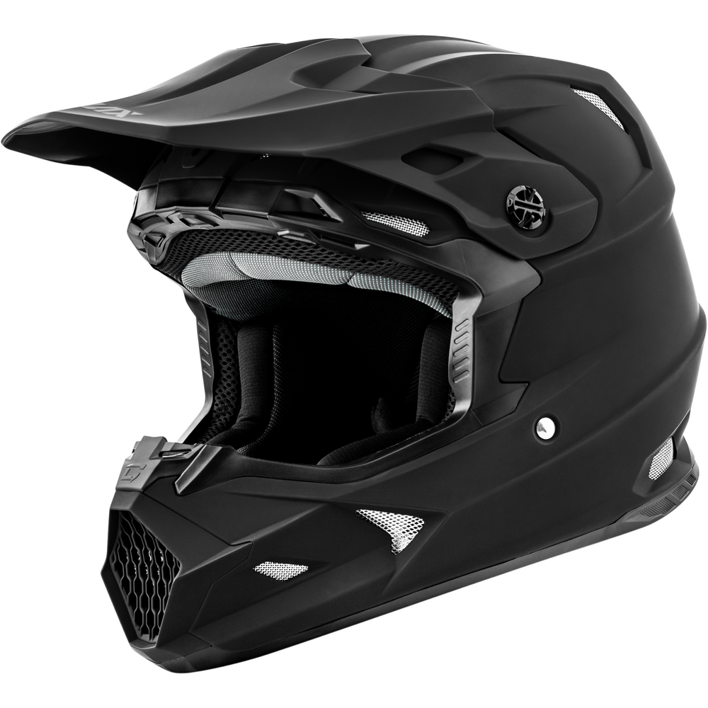 A matte black full-face motocross helmet with a matching visor, shown from a three-quarters angle against a plain white background.