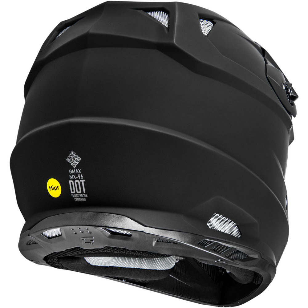 A matte black full-face motorcycle helmet shown from a rear three-quarter angle, featuring a yellow MIPS safety sticker and DOT 4.0 certification label on the side.