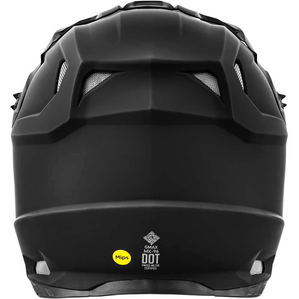 Matte black full-face motocross helmet shown from the rear, featuring vent details, a yellow MIPS safety sticker, and a black DOT reflective strip on the lower back.