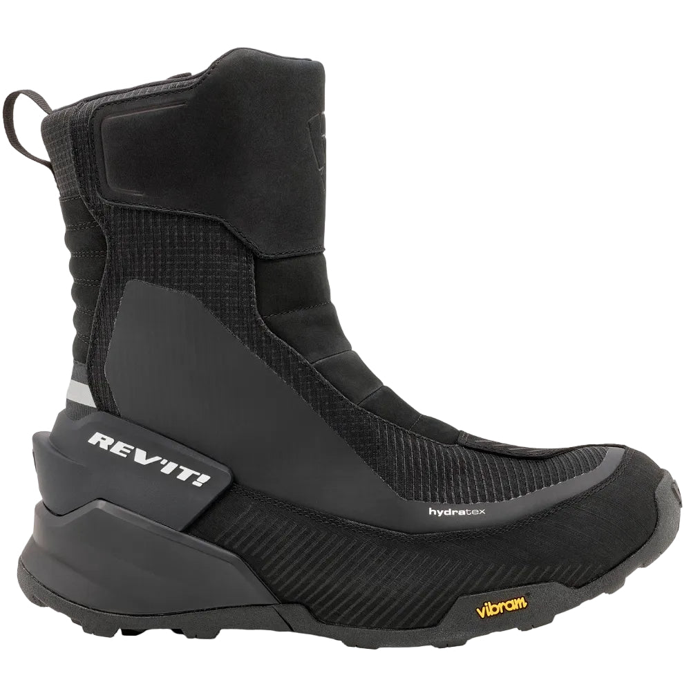 A black Revit Motorcycle boot with a textured knit upper and a rugged sole, shown from the side against a light off-white background.