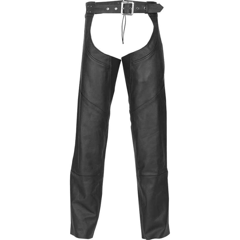 Black leather chaps pants with a matching adjustable belt and silver buckle, shown against a plain white background.