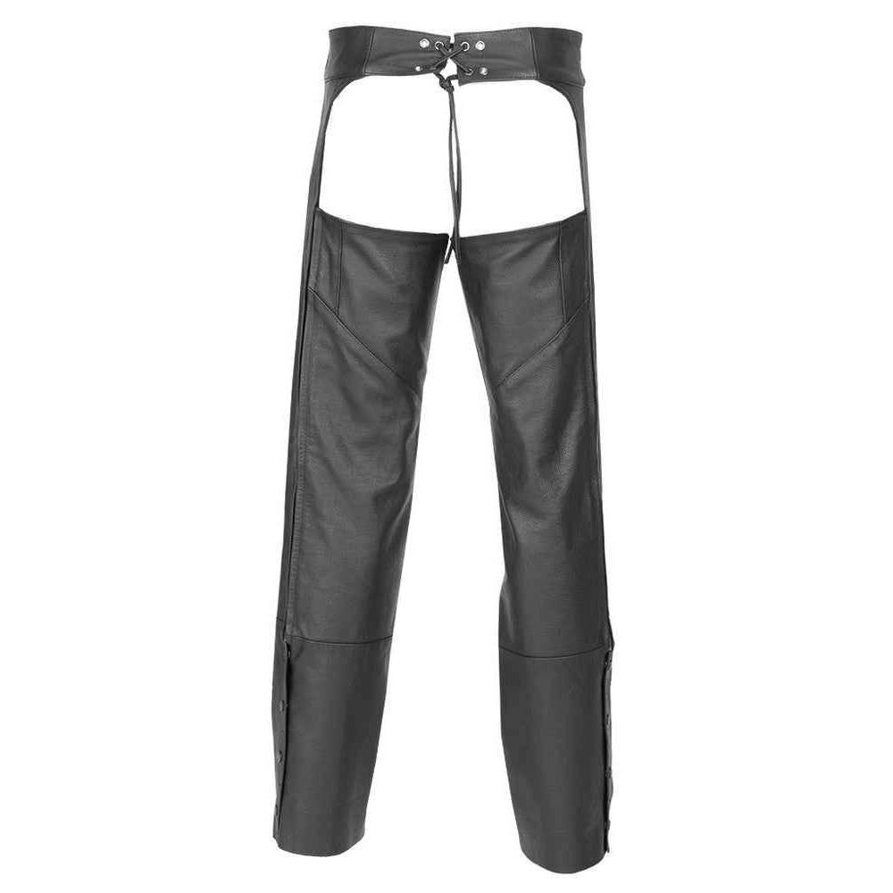 Black leather chaps pants with a waist strap and front gussets, shown against a plain white background.