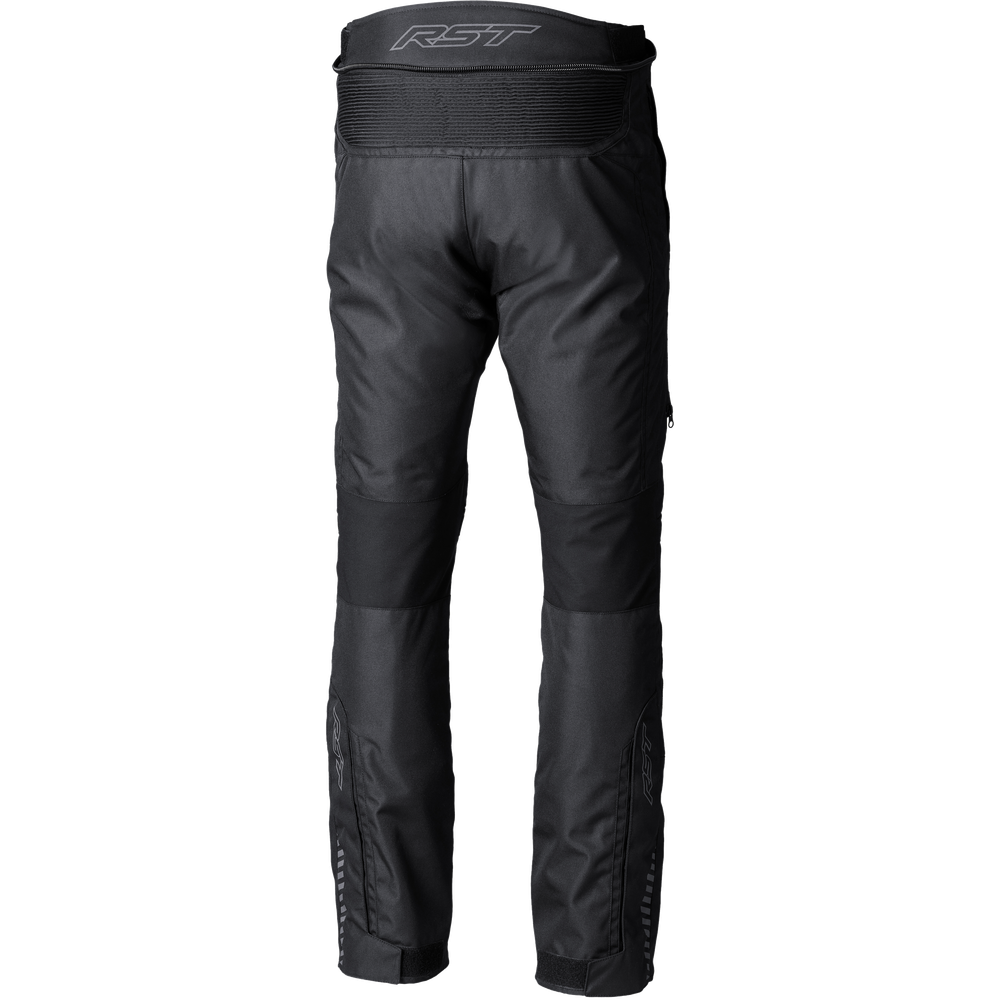 Black RST motorcycle pants shown from the back, featuring a wide padded waistband and integrated knee and ankle protection, on a solid white background.