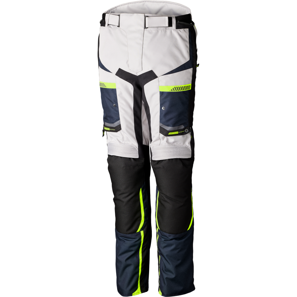 Technical riding pants in white, navy blue, and black with high-visibility neon yellow-green accents, shown against a plain white background.