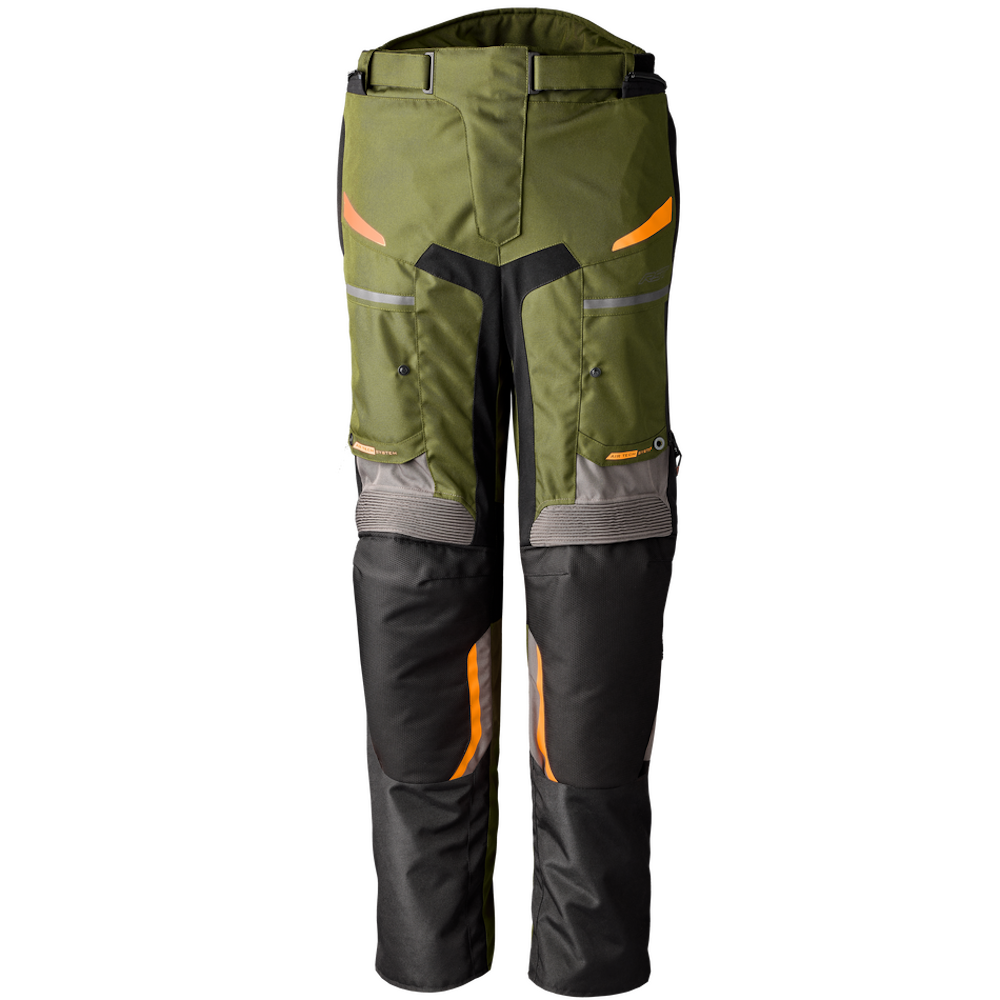 Technical outdoor pants in olive green and black with gray and orange reflective accents, shown on a plain white background.