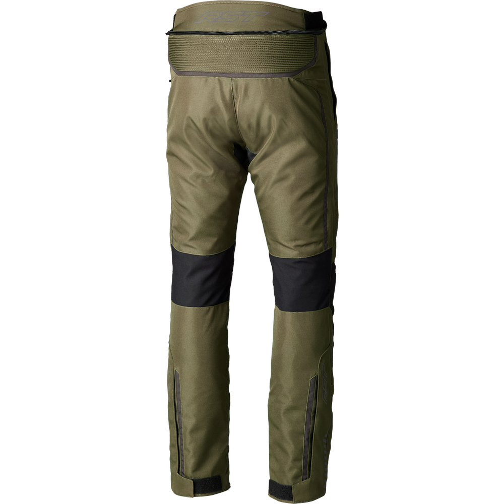 Olive green technical pants with black knee and ankle panels, shown from the back on a white background.